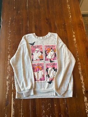 Wound Up Light Gray Sweatshirt with Pink Ghost Panel Graphic